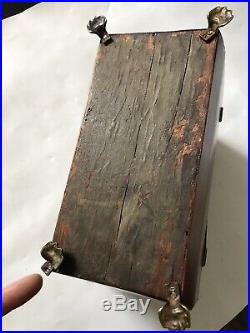 11 Antique Victorian Wood BoxMetal Claws FeetMarquetryw Orig KeyTea Caddy