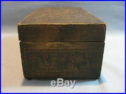 1920-30's EGYPTIAN MOTIF TOBACCO BOX, WOOD, EMBOSSED LEATHER, LINED IN MILK GLASS