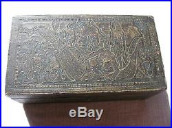 1920-30's EGYPTIAN MOTIF TOBACCO BOX, WOOD, EMBOSSED LEATHER, LINED IN MILK GLASS