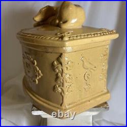 19th C Figural Resting Dog Pipe Cigar Humidor Tobacco Jar Box Yellow Stoneware