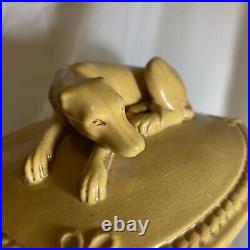 19th C Figural Resting Dog Pipe Cigar Humidor Tobacco Jar Box Yellow Stoneware