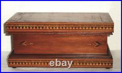 19th Century Mahogany Humidor Box Marquetry Inlaid Tin Lining Sponge Holder