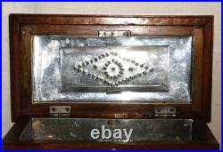 19th Century Mahogany Humidor Box Marquetry Inlaid Tin Lining Sponge Holder