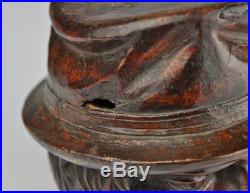 19th c. Antique carved wood tobacco jar, box, mans head shape, figure