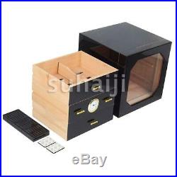 3-DRAWERS Cedar Wood Cigar Humidor Case Box With Humidifier Hygrometer Black