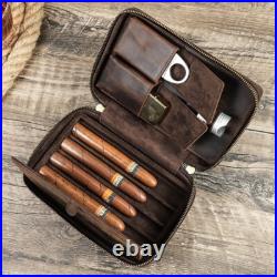 4 Tube Cigar Case Holder Zipper Travel Bag Cigars Humidor Box Genuine Leather
