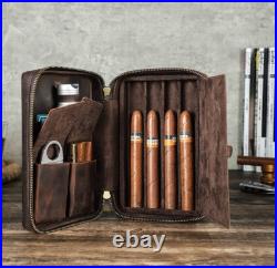 4 Tube Cigar Case Holder Zipper Travel Bag Cigars Humidor Box Genuine Leather