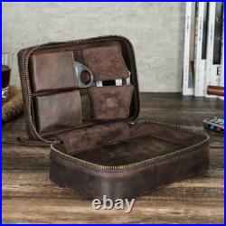 4 Tube Cigar Case Holder Zipper Travel Bag Cigars Humidor Box Genuine Leather