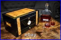 69Bourbons Exotic Cigar Humidor Large Ebony Wood Storage Box with Spanish C