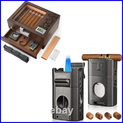 6-in-1 Cigar Torch Lighter & Humidor Box with Hygrometer & Lockable Drawer