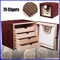 75 Cigars Humidor Box Cedar Wooden Humidifer Carry Case Hygrometer Home Travel