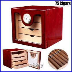 75 Cigars Wood Cedar Lined Cigar Storage Case Box Humidor Humidifier Hygrometer
