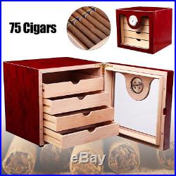 75 Cigars Wood Cedar Lined Cigar Storage Case Box Humidor Humidifier Hygrometer