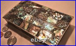 ABALONE vtg mexican silver coin stash box cigarette cigar humidor desk seashell