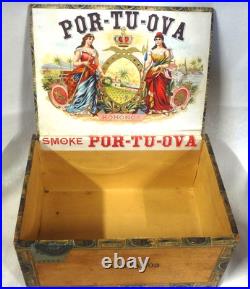 ANTIQUE wood CIGAR BOX for POR-TU-OVA CIGARS MADURO 1901 REV. STAMP- RAVENA OH