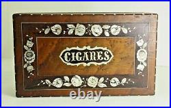 = Antique 1800's Cigar Humidor Box Burl Veneer & Mother of Pearl Inlay & Lock
