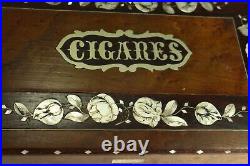 Antique 1800's Cigar Humidor Box Burl Veneer & Mother of Pearl Inlay & Lock