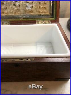 Antique 1880s Tiger Oak & Brass Cigar Box / Humidor With Milk Glass Liner
