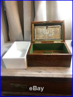 Antique 1880s Tiger Oak & Brass Cigar Box / Humidor With Milk Glass Liner