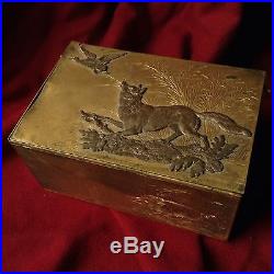 Antique 19. C Hunter Pipe Humidor Tobacco Box Bronze Gold Wild Boar Duck Dog Prey