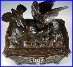 Antique 19th c. Swiss Black Forest Cigar Box, Chest Animalier Fan Tail Pheasants