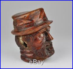 Antique 19th c. Wood carved tobacco jar, box, mans head shape figure