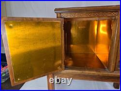 Antique Art Deco Wood Pipe Cigar Smoke Box Humidor Copper Line Cabinet End Table