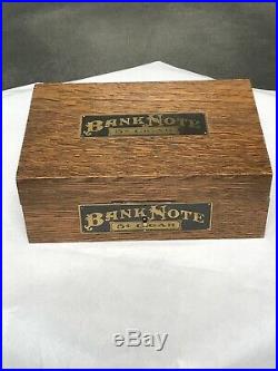 Antique Bank Note 5¢ Cigars Wooden Humidor Box Tin Lined Hinged Lid Nickel lock