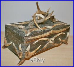 Antique Black Forest Carved German Hunt Humidor Antler Rosette Cigar Box c. 1880