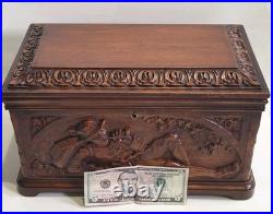 Antique Black Forest Cigar Humidor Tobacco Box Or Jewelry Casket Carved Walnut