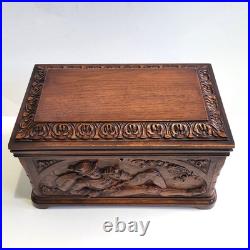 Antique Black Forest Cigar Humidor Tobacco Box Or Jewelry Casket Carved Walnut