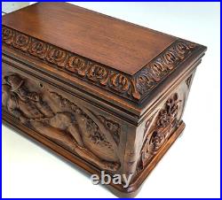 Antique Black Forest Cigar Humidor Tobacco Box Or Jewelry Casket Carved Walnut