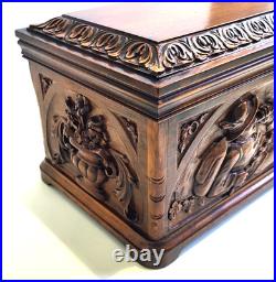 Antique Black Forest Cigar Humidor Tobacco Box Or Jewelry Casket Carved Walnut