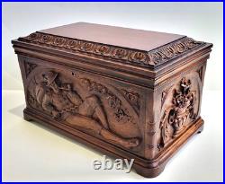 Antique Black Forest Cigar Humidor Tobacco Box Or Jewelry Casket Carved Walnut