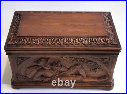 Antique Black Forest Cigar Humidor Tobacco Box Or Jewelry Casket Carved Walnut