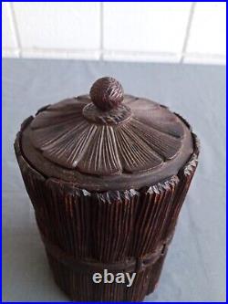 Antique Black Forest Tobacco Jar Humidor Hand Carved Lid Figural Belt Caddy Box
