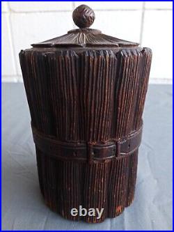 Antique Black Forest Tobacco Jar Humidor Hand Carved Lid Figural Belt Caddy Box