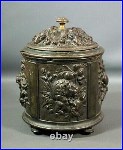 Antique Carved Gutta-Percha Tobacco Smoking Cigar Jar Humidor Box Lion Ram Heads