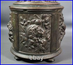Antique Carved Gutta-Percha Tobacco Smoking Cigar Jar Humidor Box Lion Ram Heads