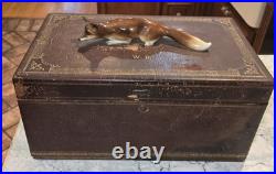 Antique Cigar Leather Humidor Box Enamel Interior & Porcelain Fox Figure Handle Antique Cigar Leather Humidor Box Enamel Interior & Porcelain Fox Figure Handle