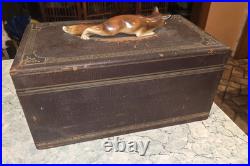 Antique Cigar Leather Humidor Box Enamel Interior & Porcelain Fox Figure Handle Antique Cigar Leather Humidor Box Enamel Interior & Porcelain Fox Figure Handle