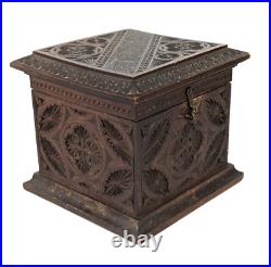 Antique Danish Intricately Carved Wood Tobak Tobacco Humidor Hinged Lid Box