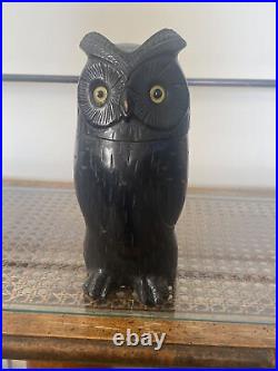 Antique Early 20thC German Black Forest Carved Wood Owl Glass Eyes Humidor Box