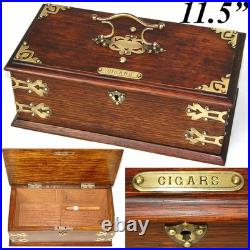 Antique Edwardian Era 11.5 Solid Oak & Gothic Revival Brass Straps Cigars Box