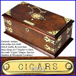 Antique Edwardian Era 11.5 Solid Oak & Gothic Revival Brass Straps Cigars Box