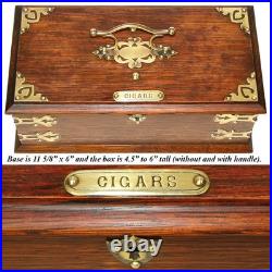 Antique Edwardian Era 11.5 Solid Oak & Gothic Revival Brass Straps Cigars Box