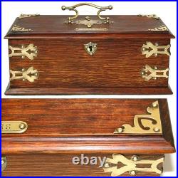 Antique Edwardian Era 11.5 Solid Oak & Gothic Revival Brass Straps Cigars Box