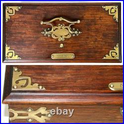 Antique Edwardian Era 11.5 Solid Oak & Gothic Revival Brass Straps Cigars Box