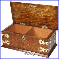 Antique Edwardian Era 11.5 Solid Oak & Gothic Revival Brass Straps Cigars Box