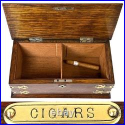 Antique Edwardian Era 11.5 Solid Oak & Gothic Revival Brass Straps Cigars Box